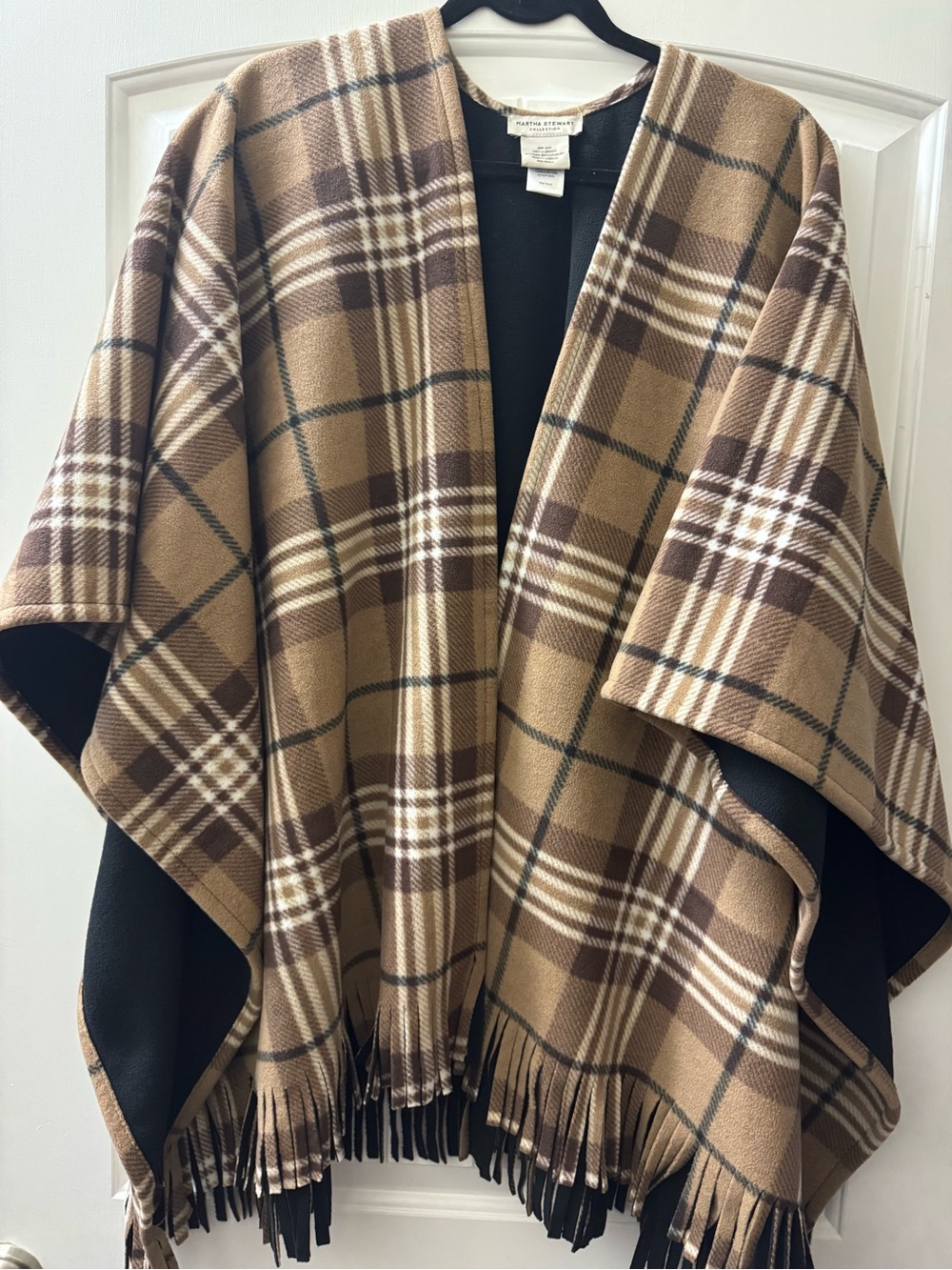 Martha Stewart Camel and Brown Plaid Fringe Cape